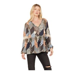 Cleo + Wolf Patchwork Boho Peasant Top XL Tassel Lace Sleeve Blouse